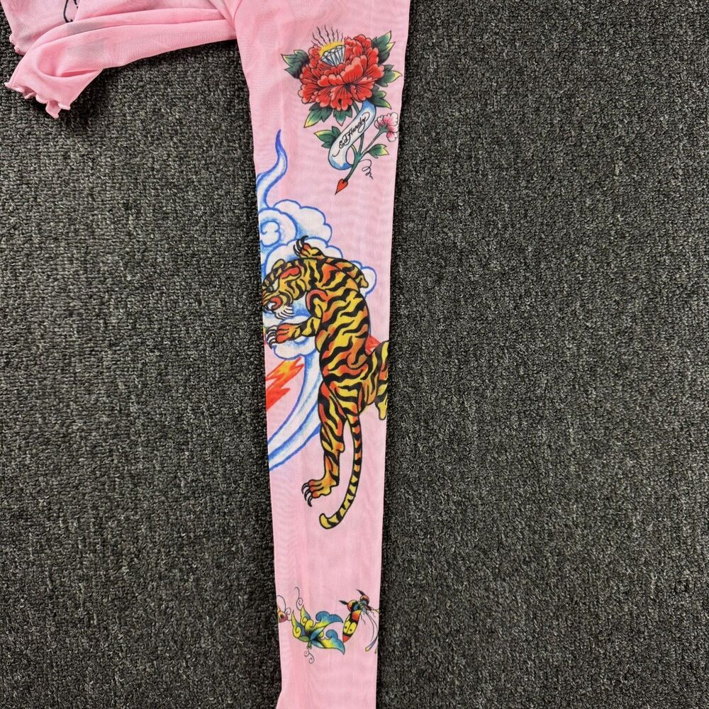 Ed Hardy X Siberia Halls Pink Mesh Tattoo Long Sleeve Top Size Sm Y2K Sheer - Picture 14 of 15